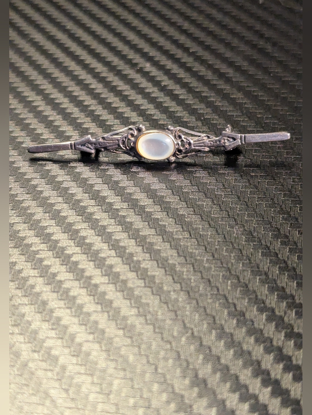 Antique-Style Silver Bar Brooch with Center Moonstone